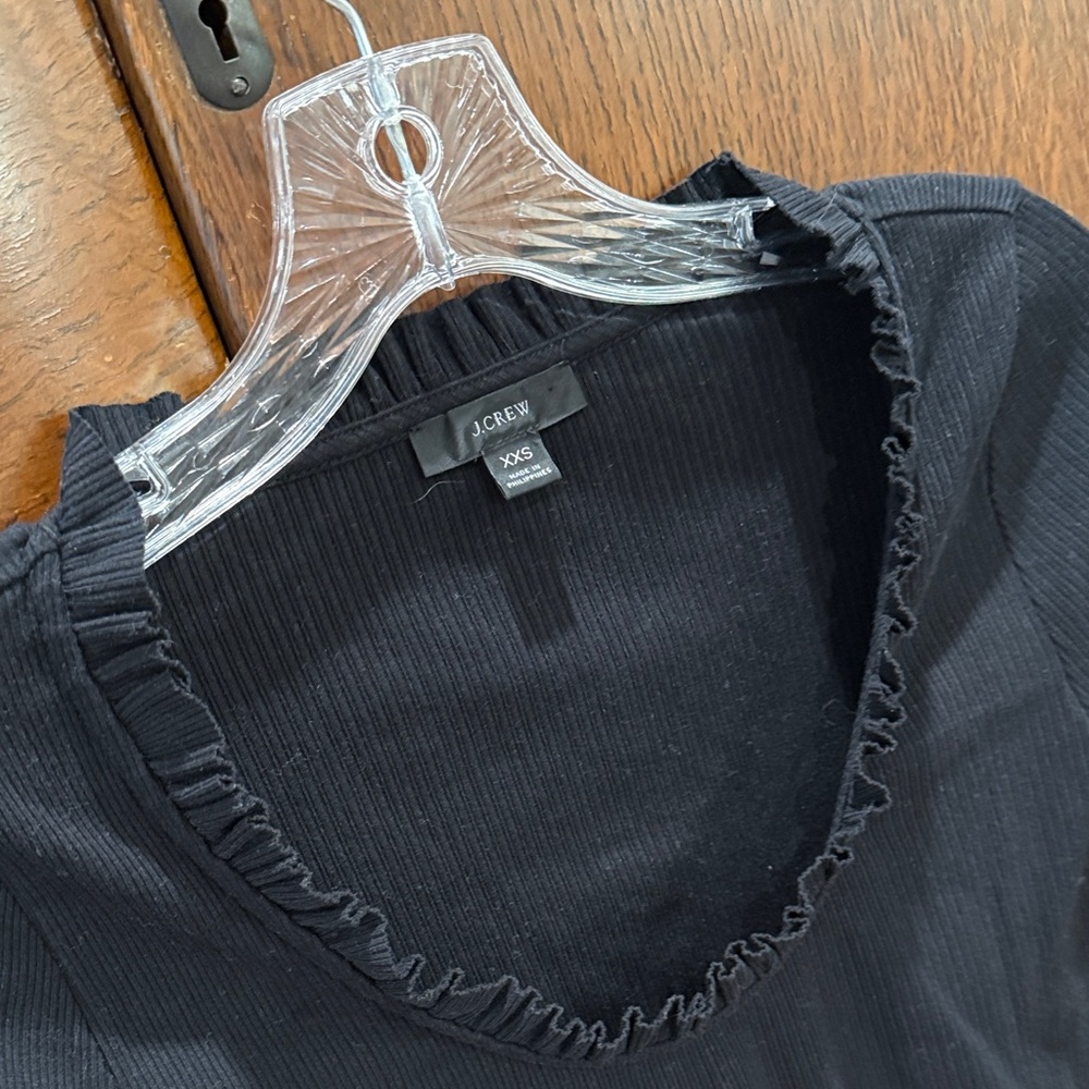 J. Crew Black Ruffle Neck Ribbed Top - Picture 3 of 9